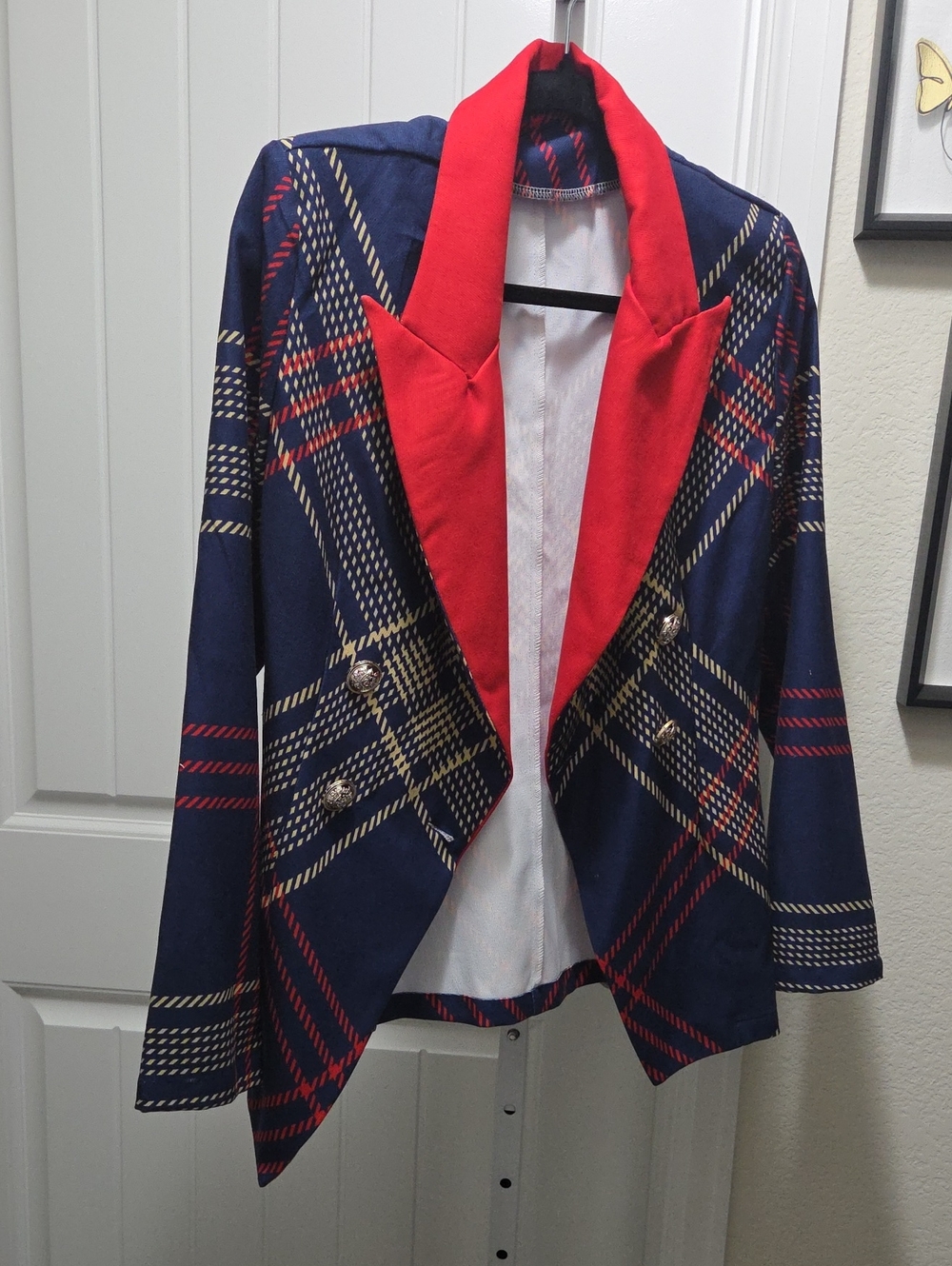 STYLEWE Navy Plaid Blazer with Red Lapel
